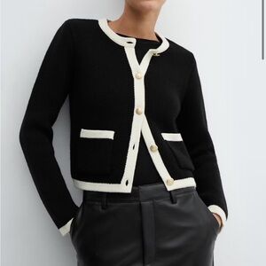 Mango Old money Black Cardigan with Cream Contrast Trim